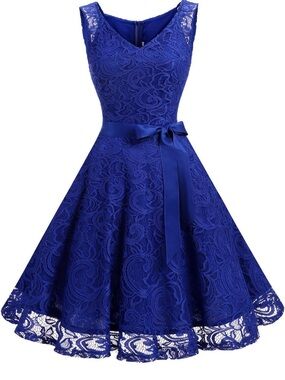 Dressystar Royal Blue Lace Midi Fit-and-Flare Dress with Satin Sash
